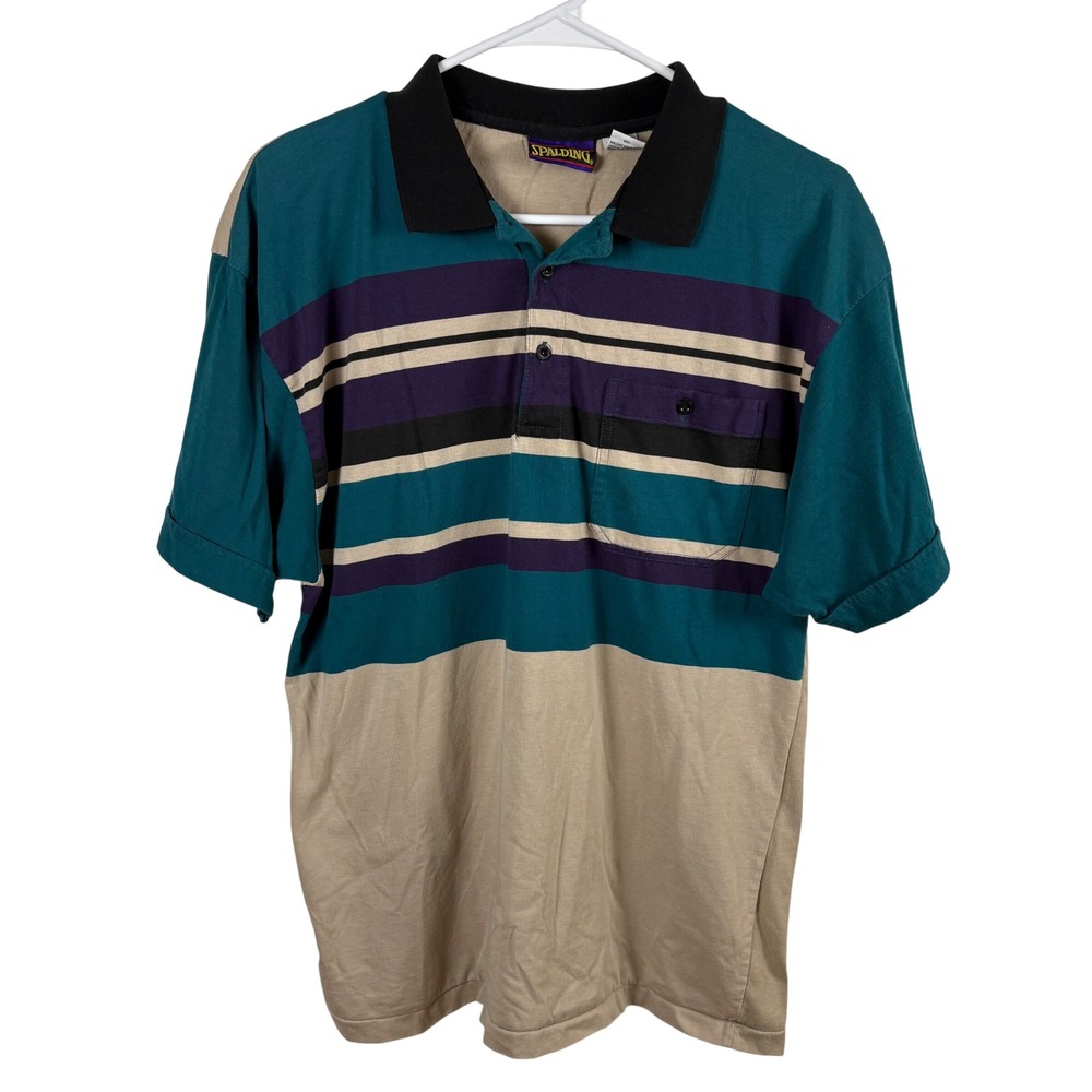 Vtg Spalding Polo Shirt Men's M Teal Purple Tan Striped Colorblock Retro 90s
